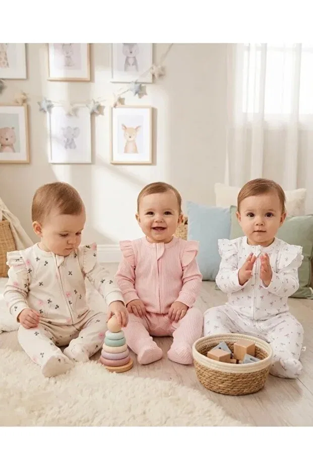 Детский комбинезон для девочек хлопковый комплект из 3 предметов Patterned Zippered Baby Girl 3-Piece Cotton Romper Set with Ruffle Detail on the Sleeves Aki Moda Kids, Pink