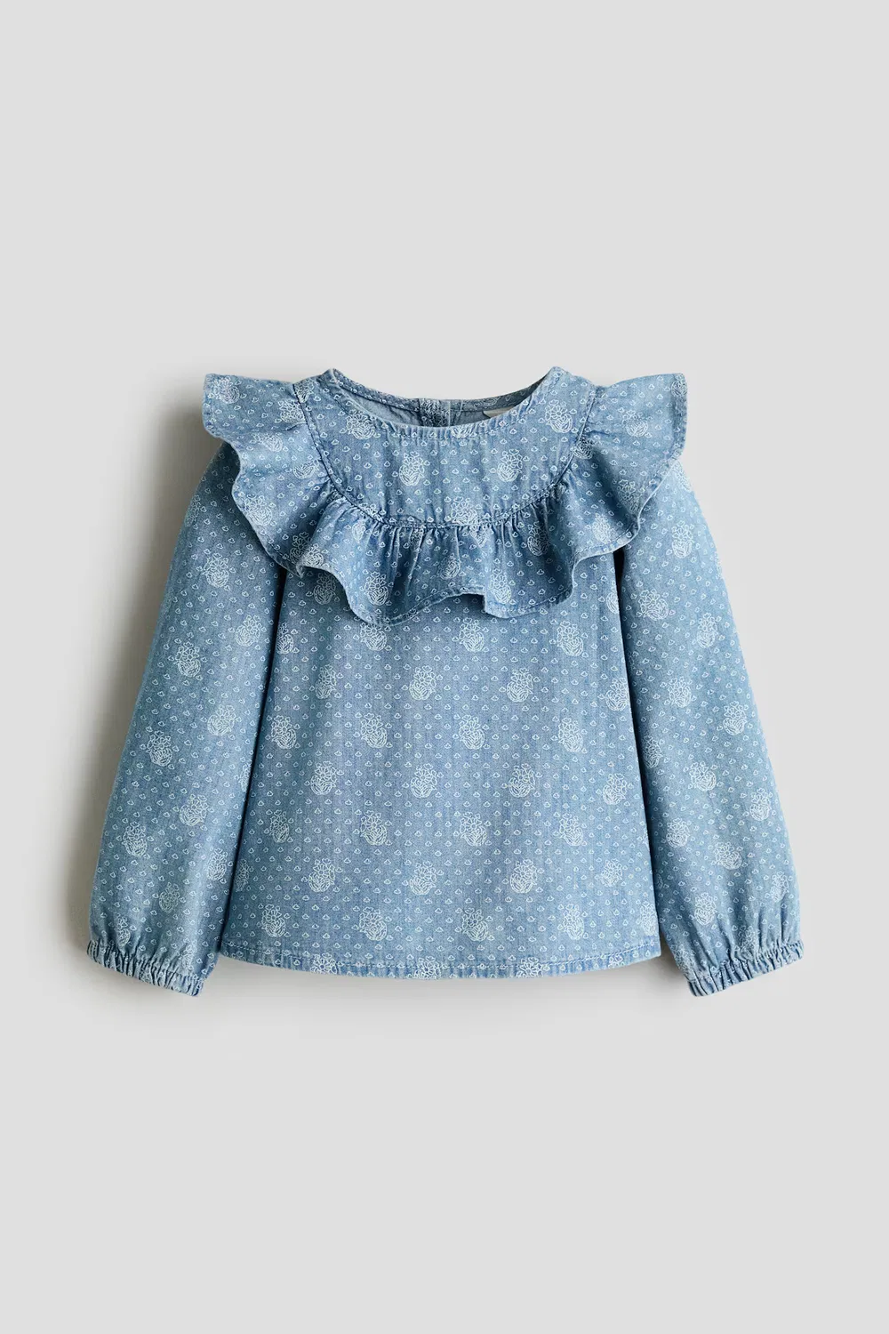 Джинсовая блузка с оборками H&M, Helles Denimblau/Geblümt