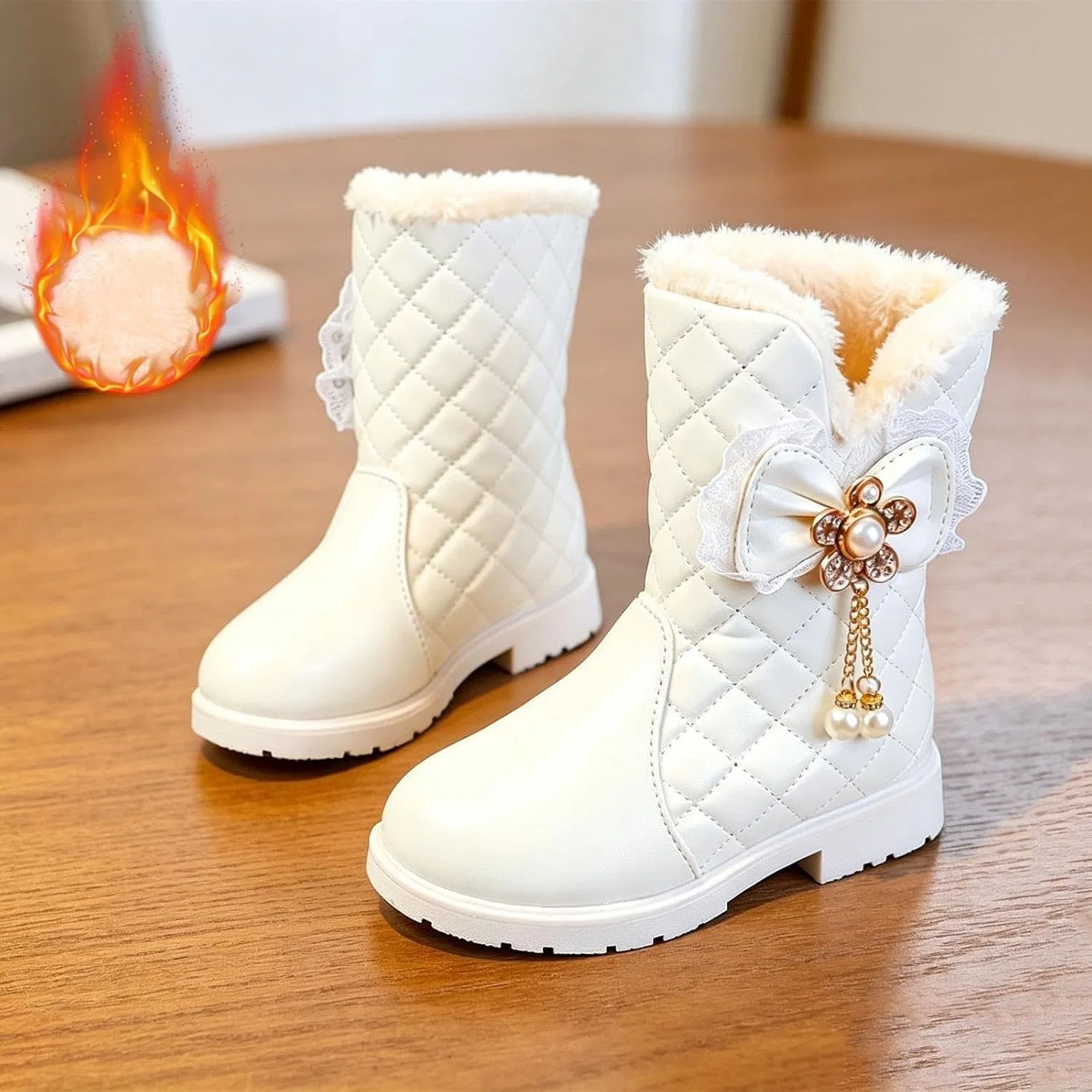 Детские сапоги для девочек с отделкой кружевом и бантом, модель Lace Trim Bow, White — фото 2