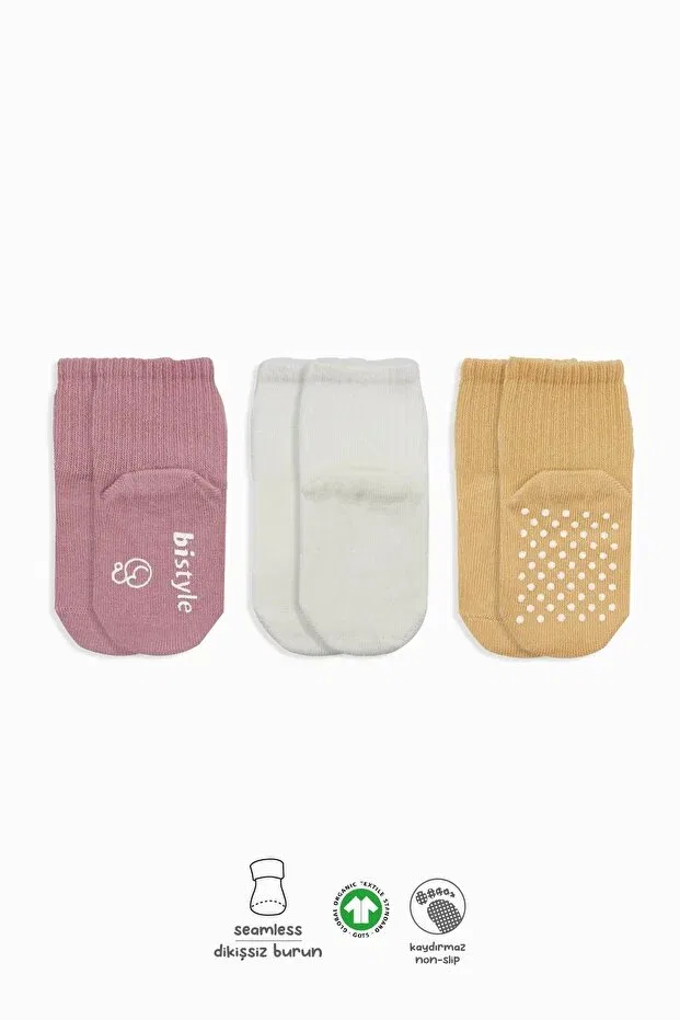 Детские носки для новорожденных органические с моделью Bistil organic seamless 3-piece non-slip combed cotton baby socks Bistyle, Powder