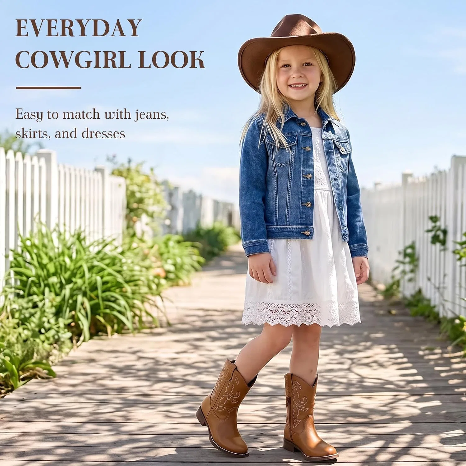 Детские сапоги для девочек с вышивкой Cowgirl Boots Wulubaba, Brown — фото 2