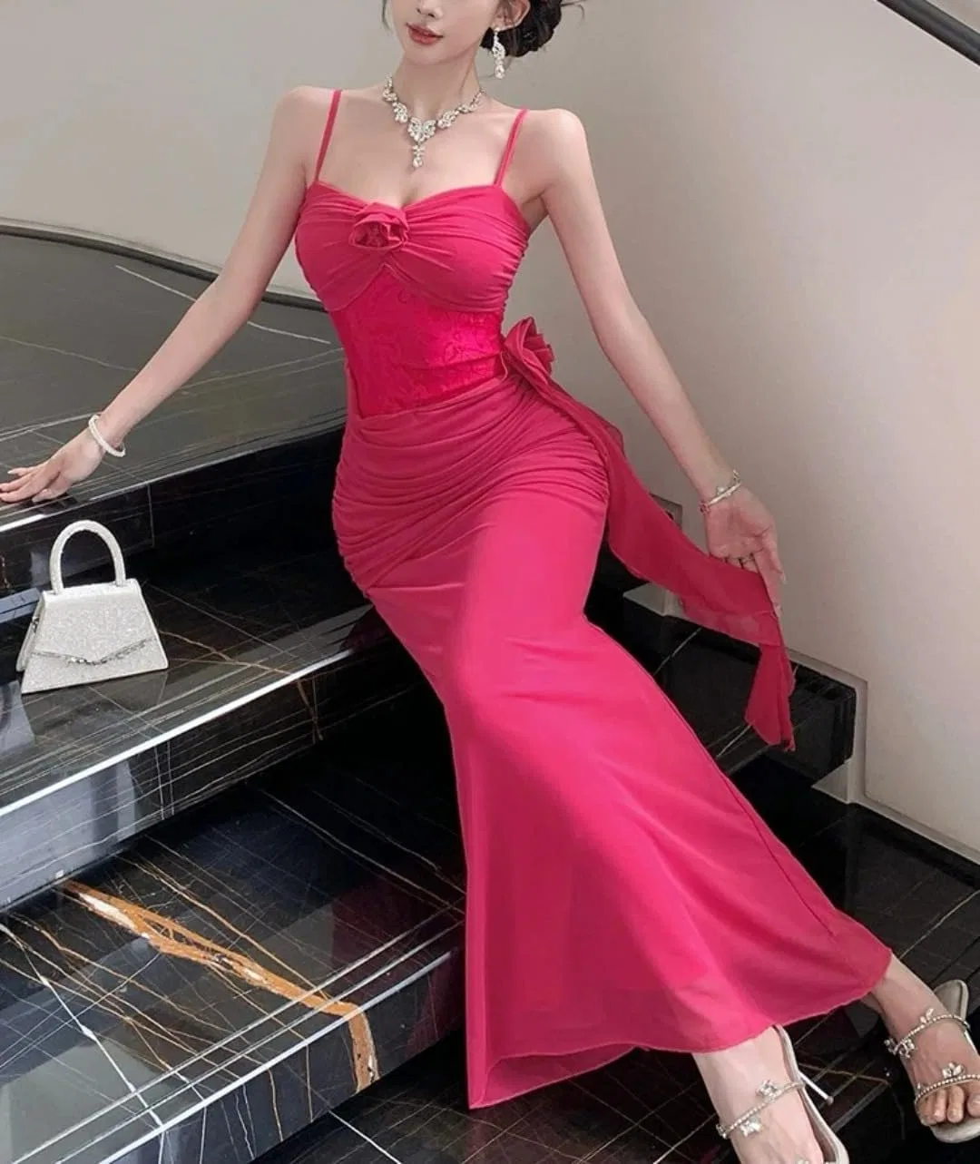 Женское платье макси из сетки с жаккардовой вставкой, Rose Red — фото 4