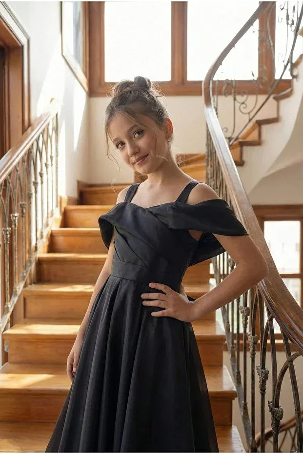 Детское платье для девочек с открытыми плечами шифоновое Butikhappykids, Black — фото 3