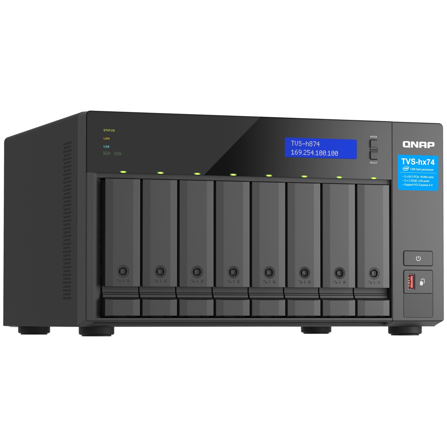 

Сетевое хранилище QNAP TVS-h874, 8 отсеков, 32Гб DDR4, без дисков, черный