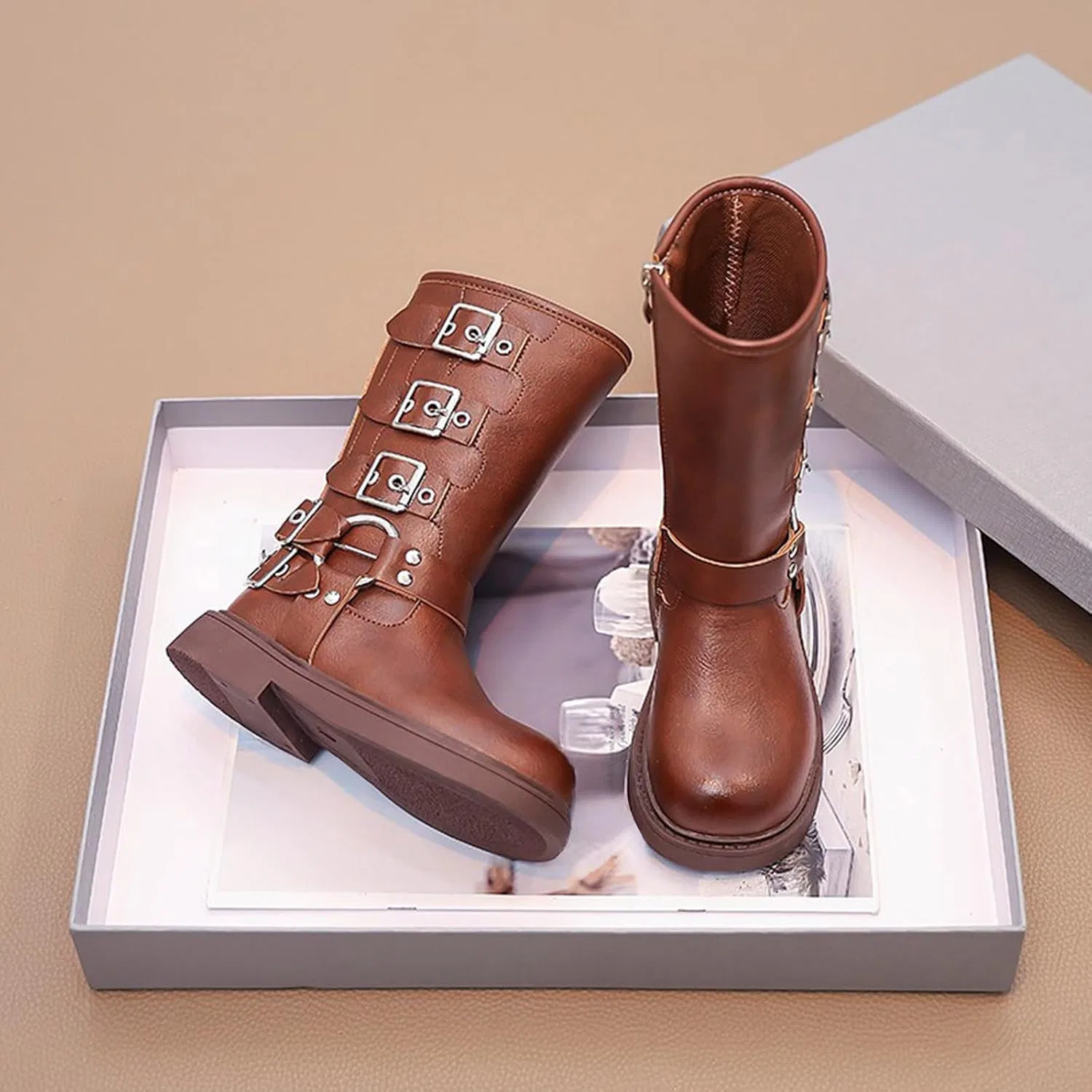 Детские сапоги для девочек с принтом Western Mid Calf Cowgirl Boots, Brown — фото 3