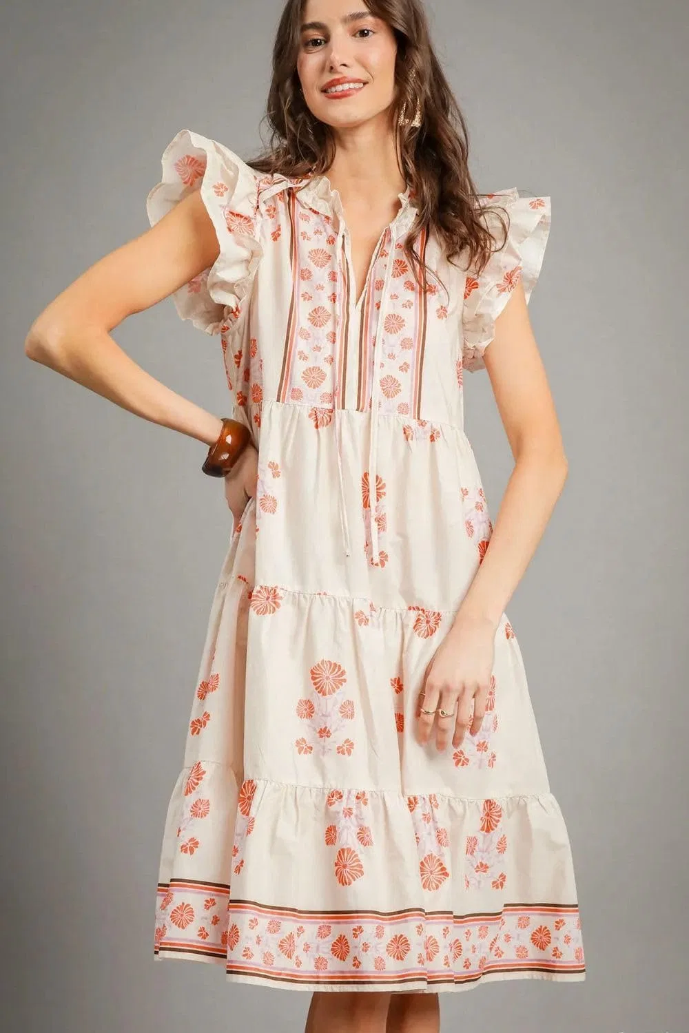 Женское платье с цветочным принтом Tie Neck Ruffle Cap Sleeve, Burnt Coral — фото 2