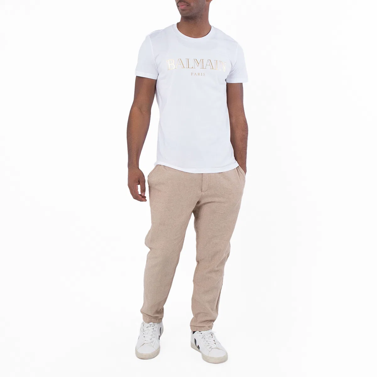 Футболка хлопковая с металлизированным принтом Metallic Logo Print Cotton T Shirt Balmain, Gad White/Or — фото 4