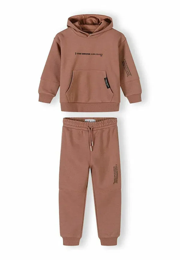 Спортивный костюм худи с капюшоном и джоггеры, принт, Set hooded with kangaroo pocket and joggers - tracksuit, Minoti, Cognac, коньячный