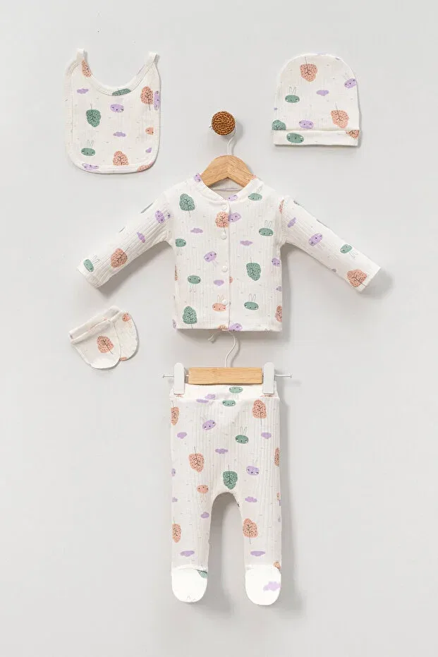 Детский комплект для новорожденных с принтом Hospital Outlet 100% Cotton Rabbit Leaf Printed Newborn 5 Piece Set Baby Outfit Neu Kids, Ecru