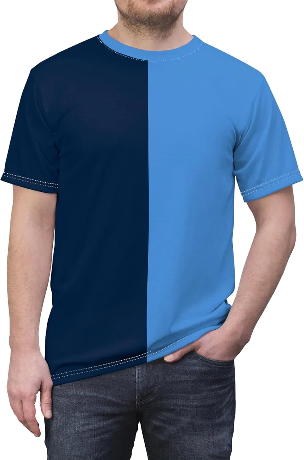 Унисекс футболка с текстурой Half Blue & Half Light Blue, White Stitching