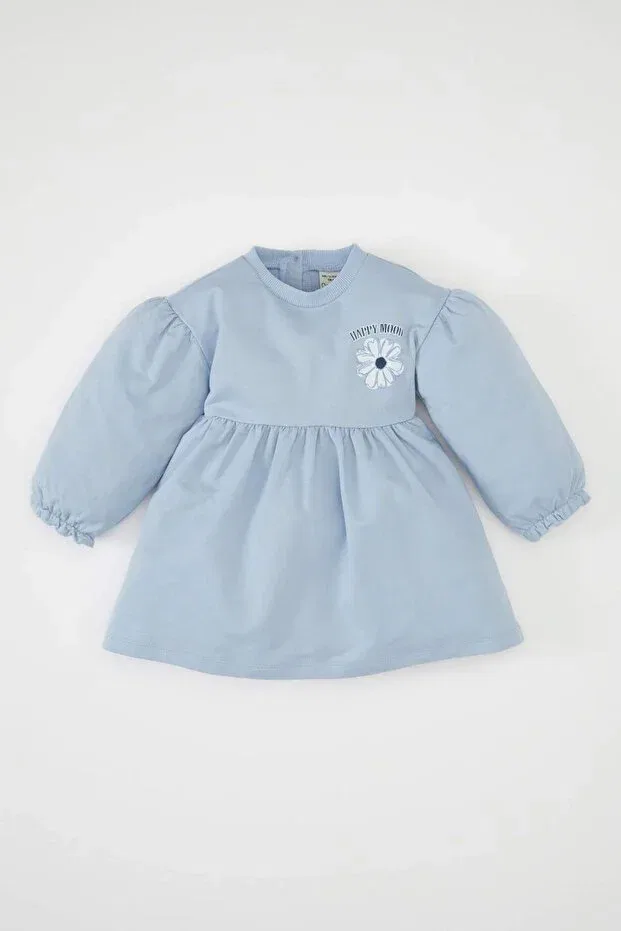 Детское платье из футера с принтом Defacto, Light Blue