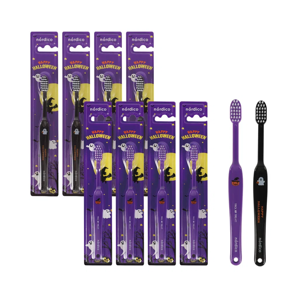 Детская зубная щетка с принтом, комплект 10 шт, Halloween Edition NORDICO, Black/Purple
