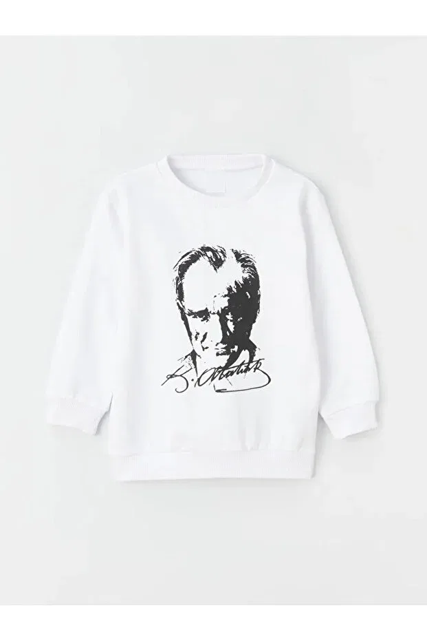 Детские свитшот для девочек с принтом Ataturk printed crew neck long sleeve unisex sweatshirt with raised cuff inside Neocotton, Ecru — фото 2