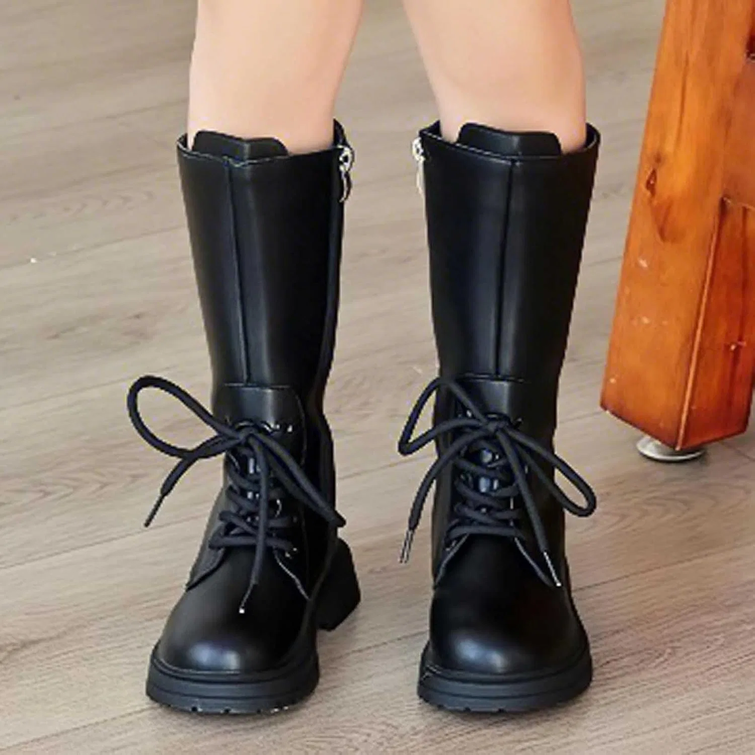 Детские ботинки для девочек с принтом, модель Girls Knee Length Boots Mid Calf Riding Boots PU Leather Zipper Punk Goth Boot Fall Winter Bowknot Combat Boot Little Big Kid, Black — фото 2