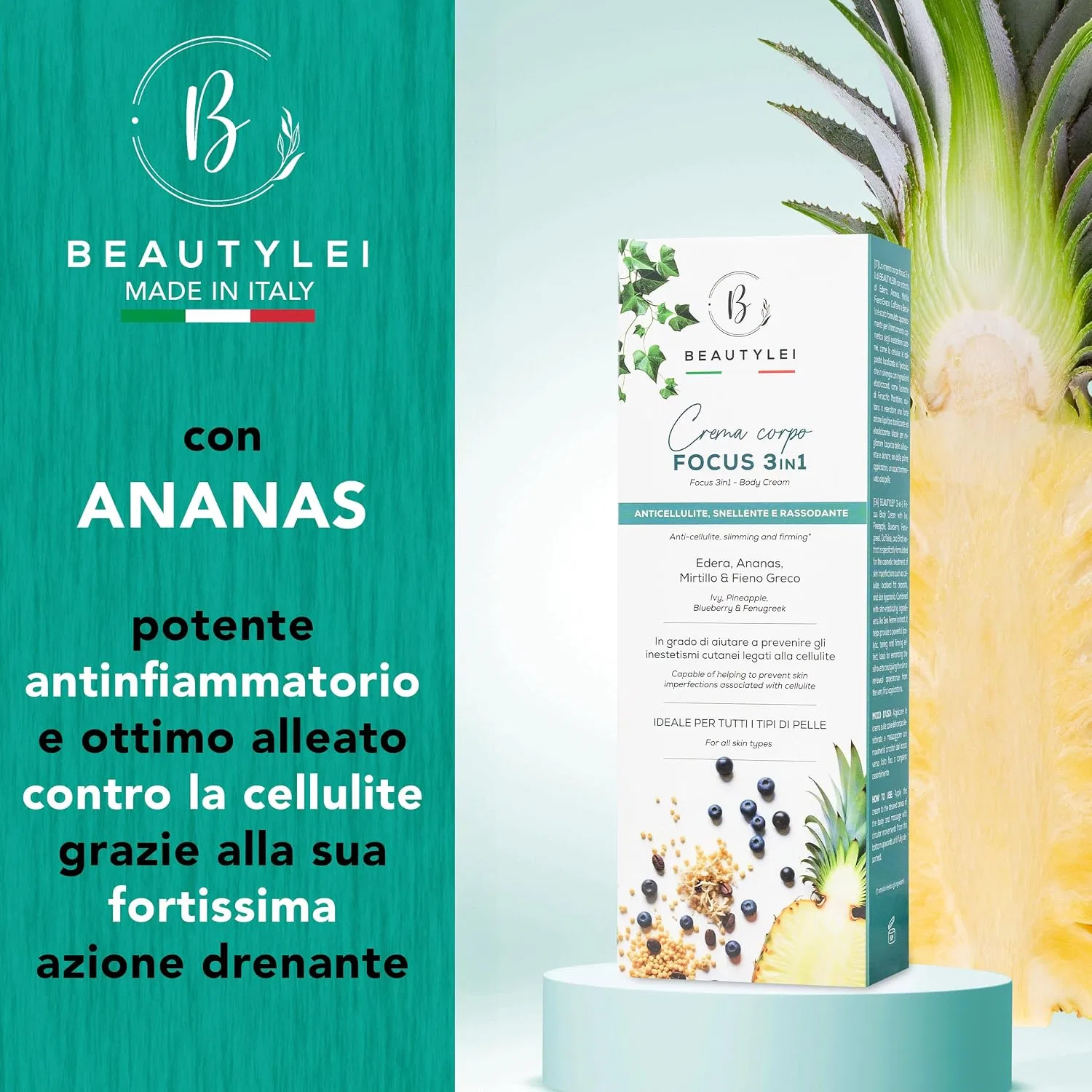 3-в-1 Антицеллюлитный крем для тела BEAUTYLEI с плющом, ананасом, черникой, пажитником, кофеином, моделирующим комплексом, морским фенхелем, произведено в Италии — фото 4