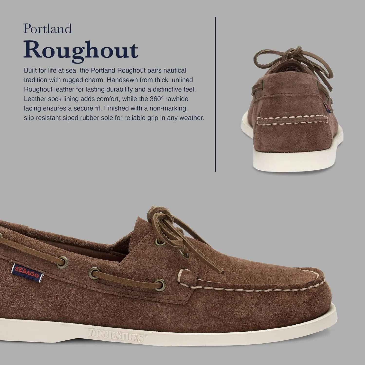 Мокасины Sebago Portland Roughout из грубой кожи ручной работы с кожаной подкладкой и нескользящей резиновой подошвой с протектором, темно-коричневый — фото 3