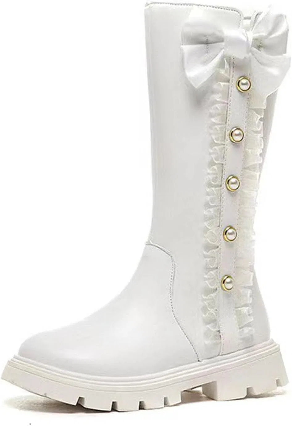 Детские сапоги для девочек с жемчужным бантом на молнии, White — фото 4