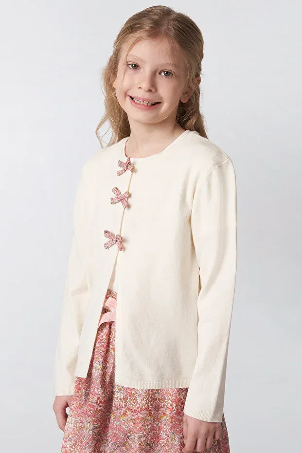 Детский кардиган для девочек с длинным рукавом Liberty Fabric Ribbon Detailed Panço, Ekru — фото 4