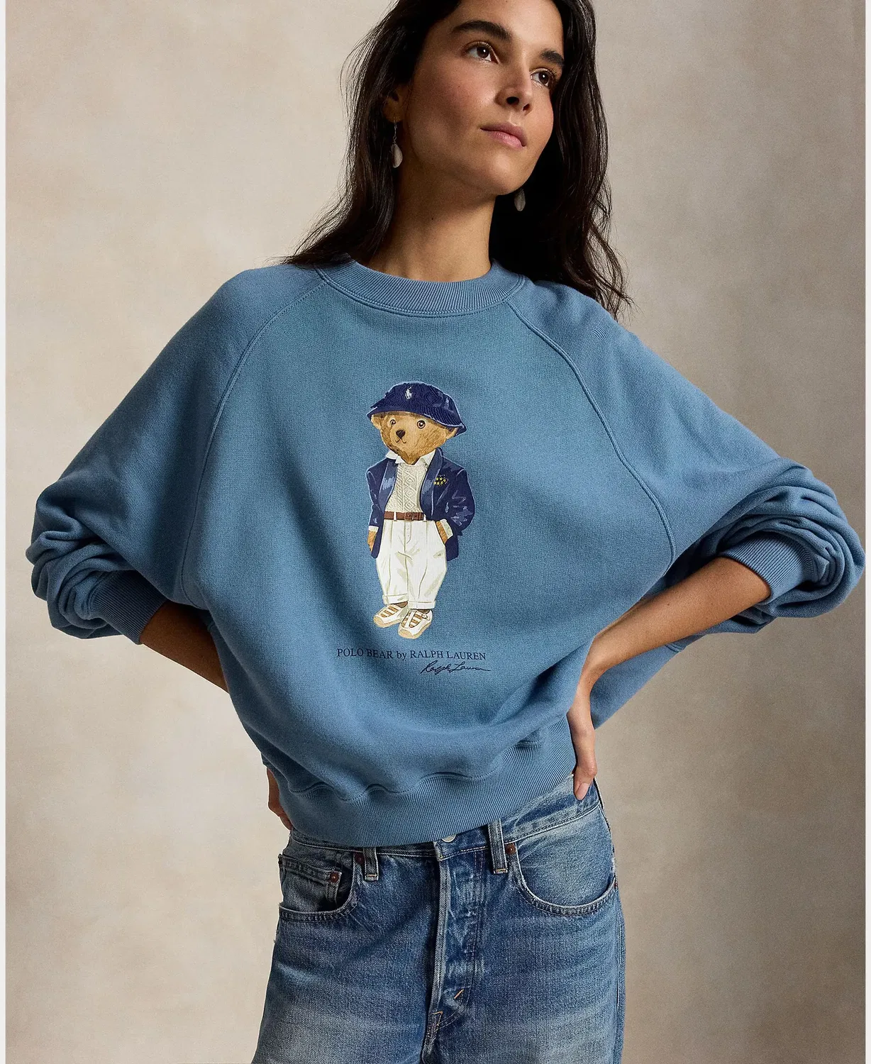 Женская хлопковая фуфайка с принтом Polo Bear Polo Ralph Lauren, Azul Porcelana — фото 4