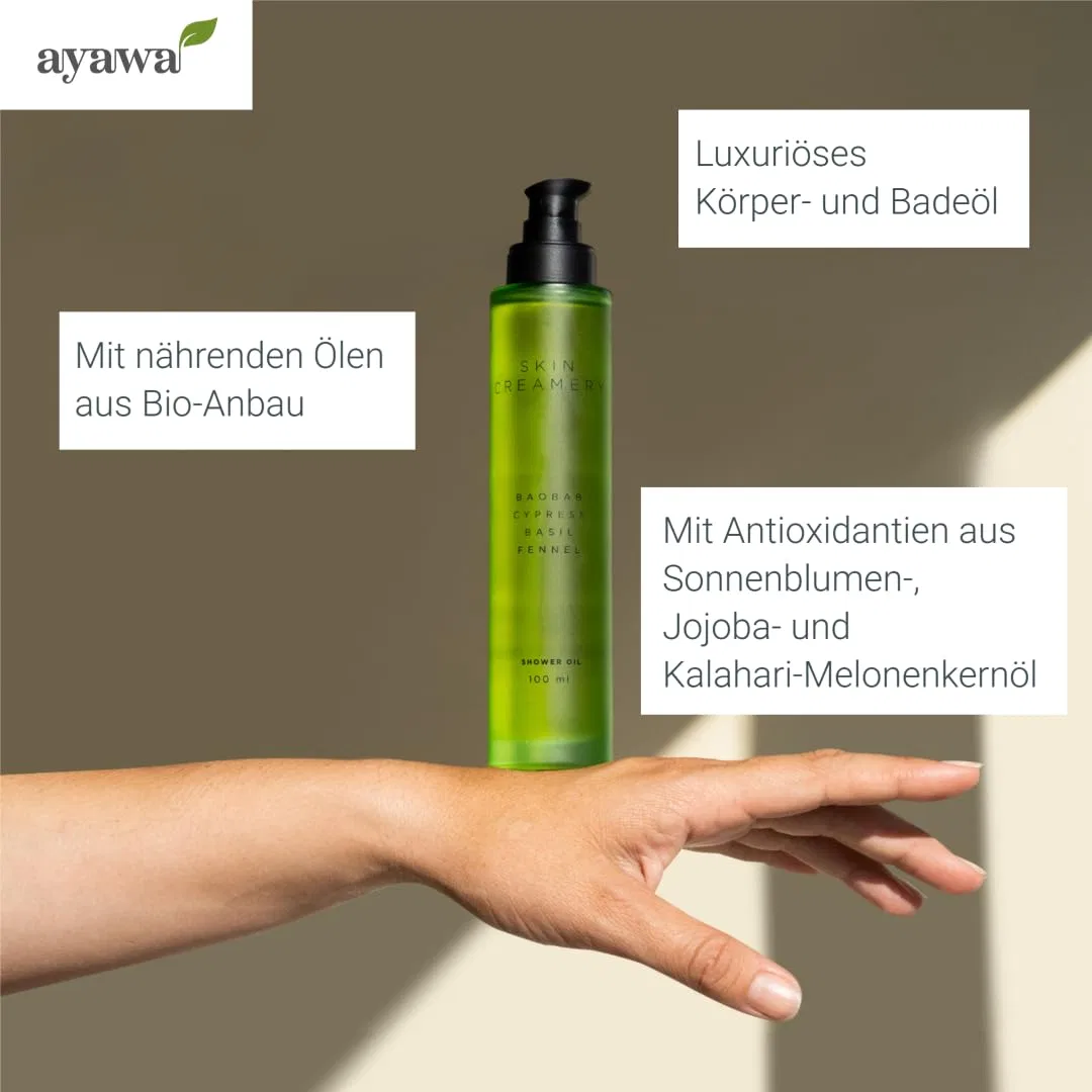 Масло для душа и ванны Shower Oil, Body & Bath Oil, Antioxidant Fragrance Oil с кипарисом, базиликом и омегой баобаб, 100 мл, ayawa — фото 2
