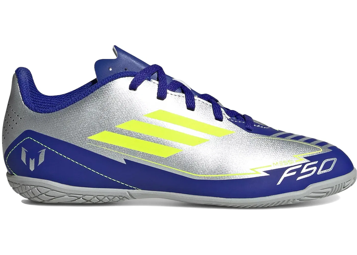 Детские кроссовки для игры в зале F50 Club Indoor Messi Player Pack 1 Adidas, Silver Metallic Solar Yellow Lucid Blue
