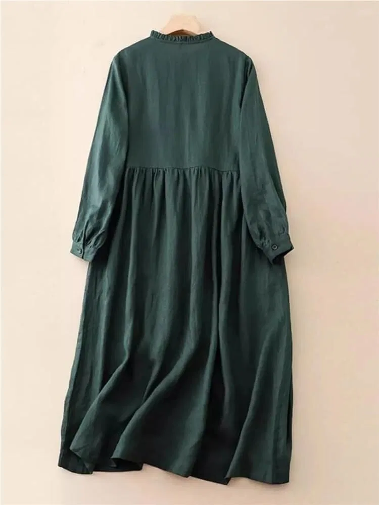 Женское платье-трапеция с рюшами Vintage Ruffled Stand Collar, зелёный — фото 3