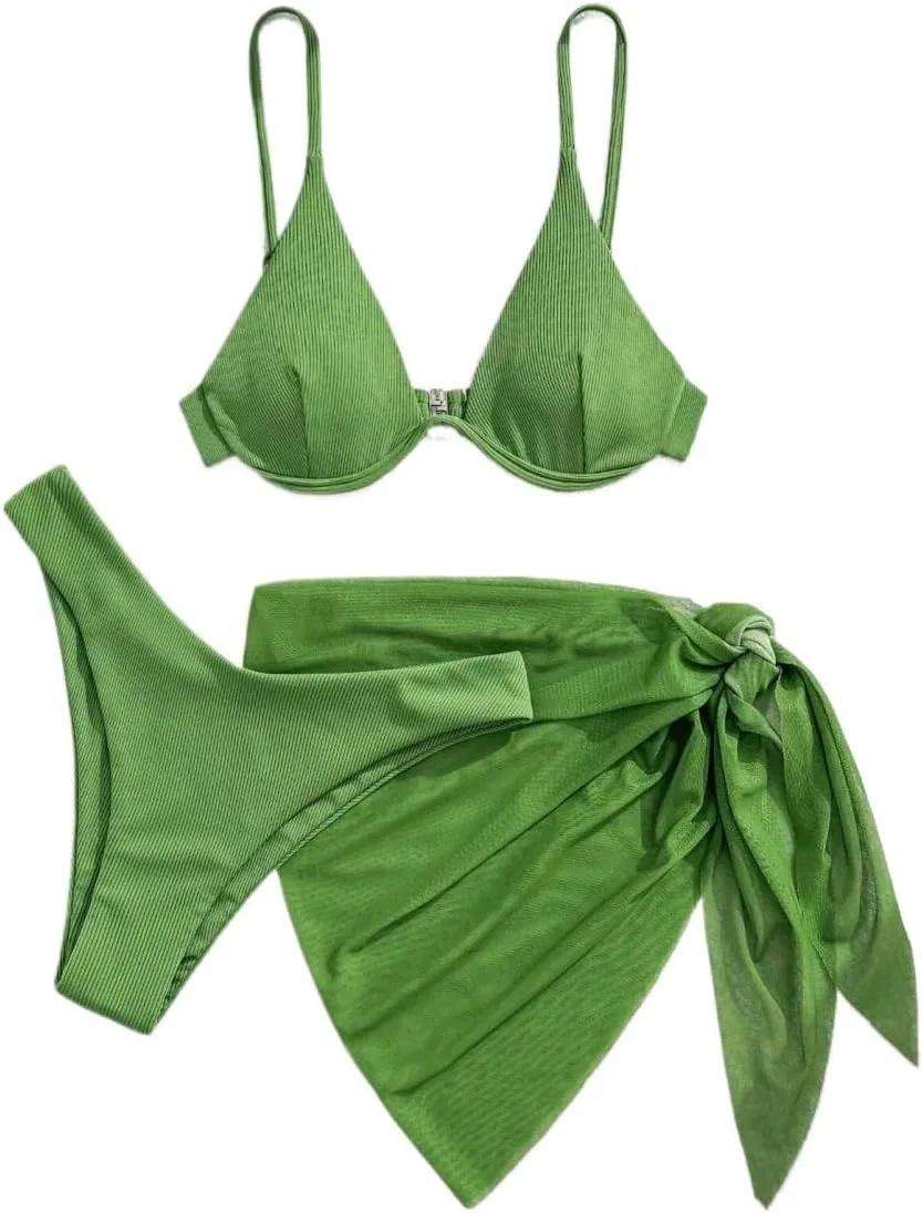 Женский бикини-комплект с завязками на бретелях Push Up 3 Piece, Dark Green