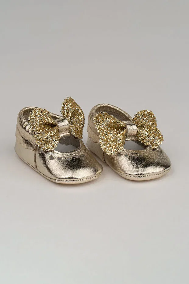 Детские мокасины для девочек из натуральной кожи Heart genuine leather baby moccasin gold ribbon Deriza, Gold — фото 3