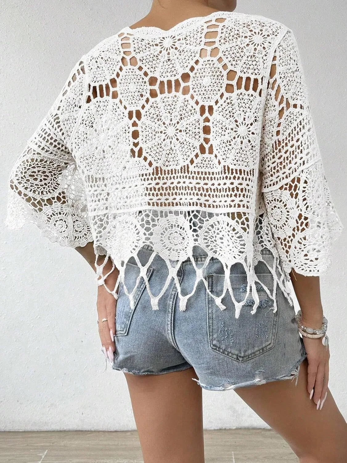 Женская пляжная туника с круглым вырезом Knit Hollow Out, White — фото 2