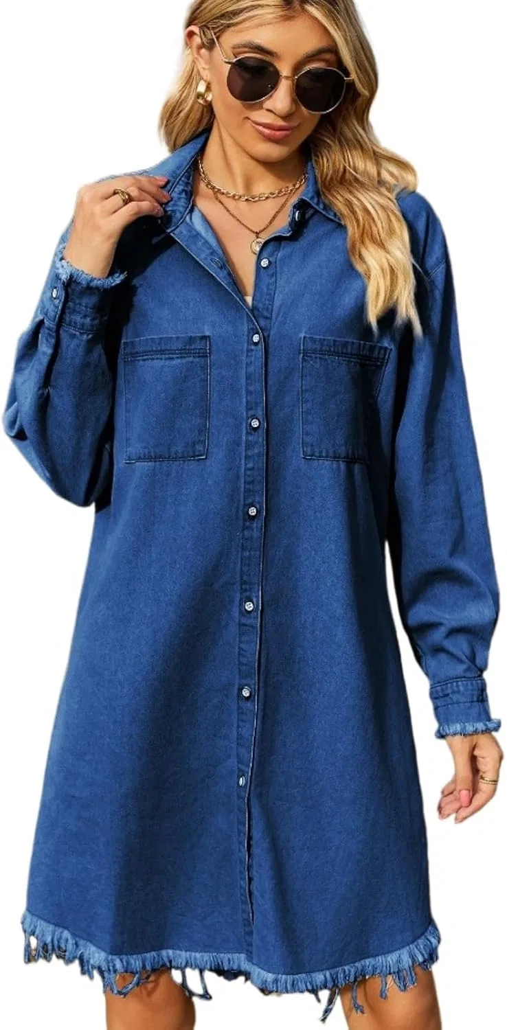 Женское джинсовое платье-рубашка с потертостями 02-01-b1010, Dark Blue