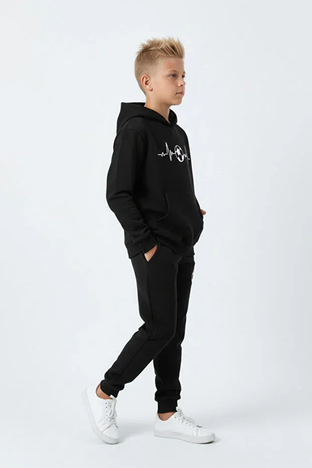 Детский спортивный костюм для мальчиков с принтом Football Printed Kangaroo Pocket Fyk Kids, Black — фото 3