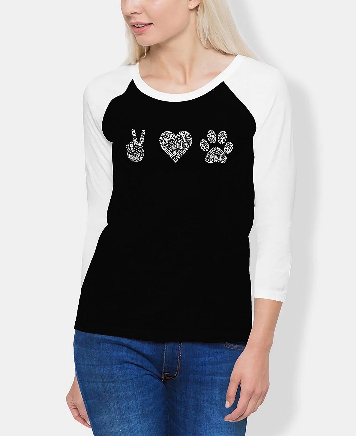 

Женская футболка реглан peace love dogs word art LA Pop Art, черно-белый