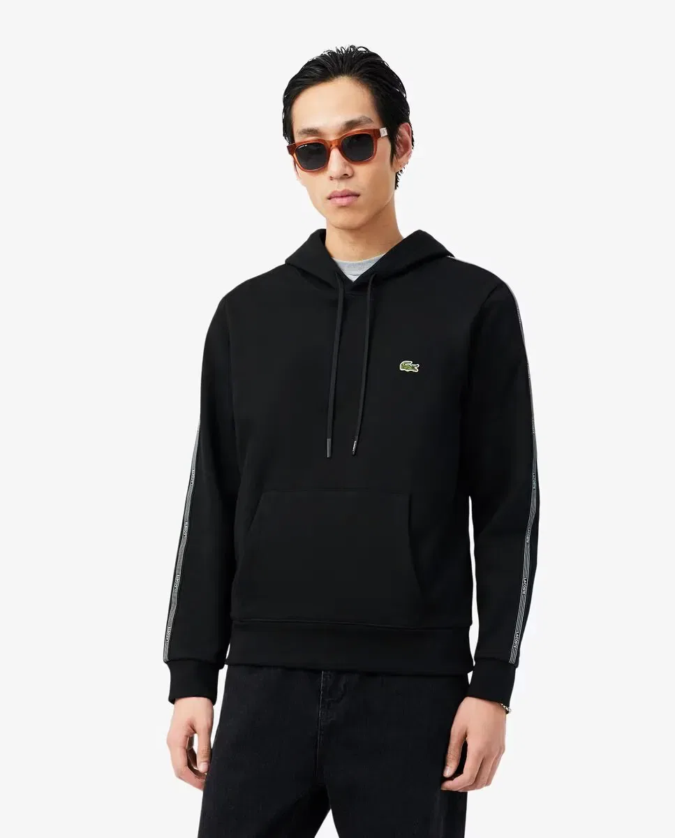 Мужская худи Lacoste с капюшоном и молнией, полоска с логотипом, черный