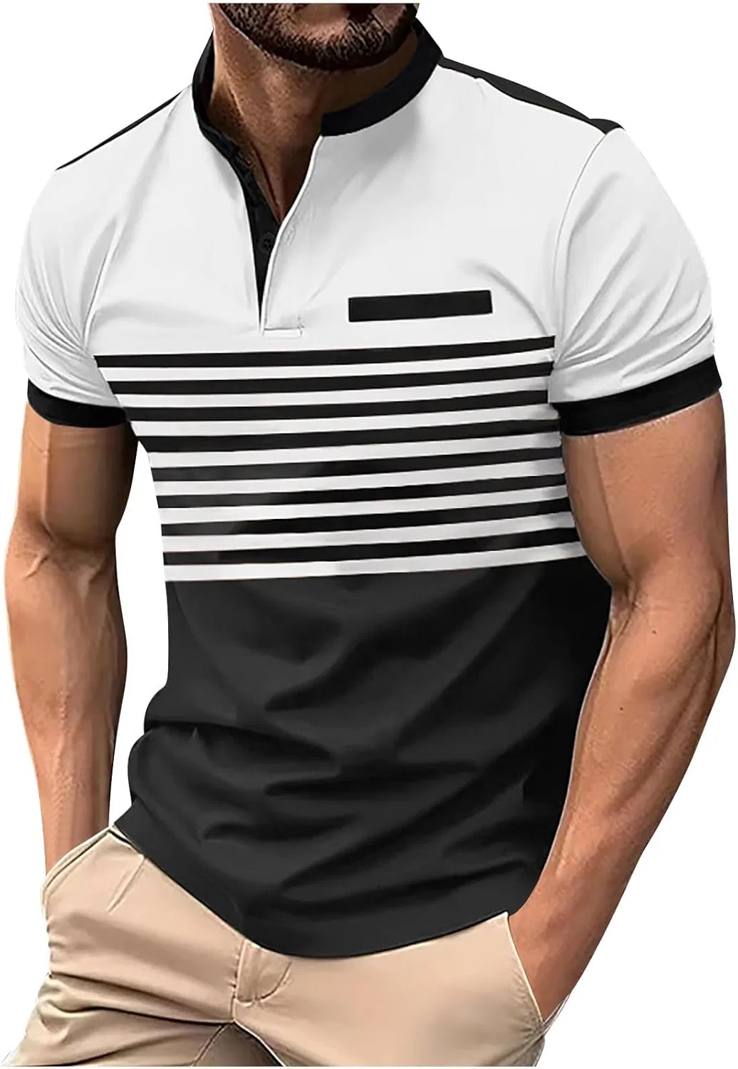 Мужская повседневная рубашка с коротким рукавом, полосатый пэчворк, Slim Fit, White