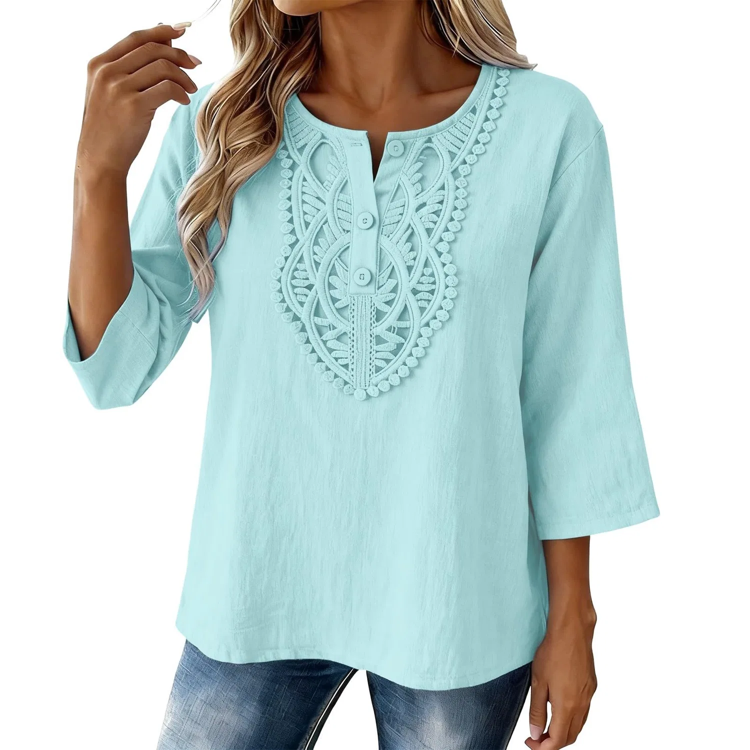 Женская льняная туника с вышивкой Retro 3/4 Sleeve Boho Casual Loose Fit Lightweight Summer Beach Blouse, A-light Blue