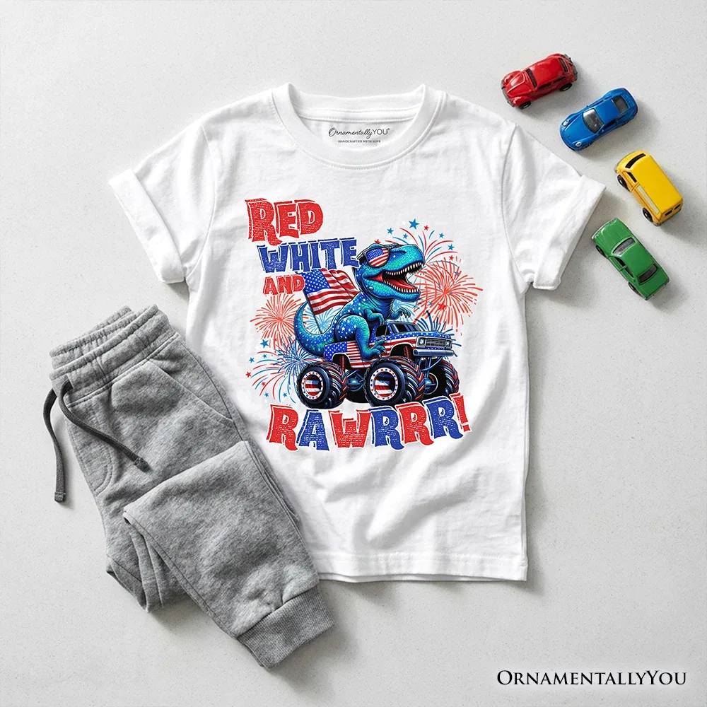 Детская футболка для мальчиков с принтом Patriotic Dinosaur Monster Truck OrnamentallyYou, White