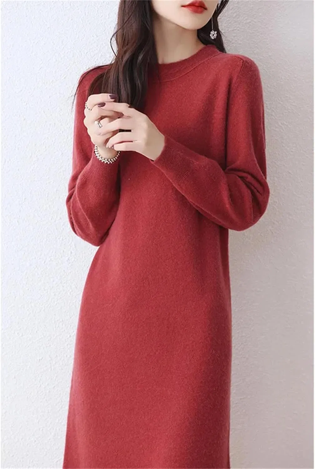 Женское офисное шерстяное платье свободного кроя, Red — фото 2
