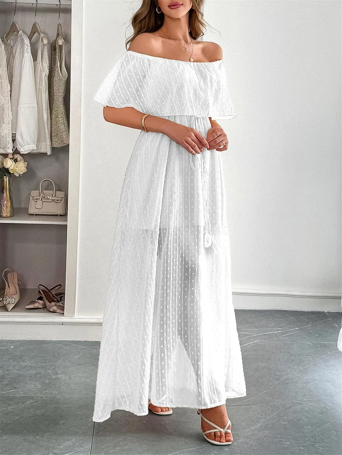 Женское летнее платье с цветочным кружевом Off Shoulder, White — фото 3