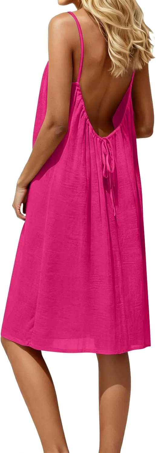 Женское летнее платье с открытой спиной на тонких бретелях, Hot Pink