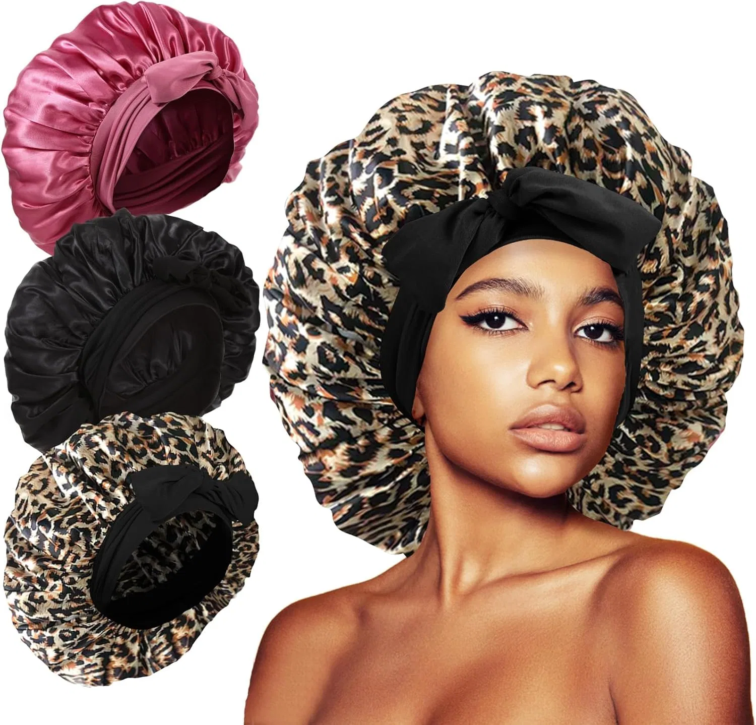 Шапочка для душаs, 3-Pack, Kafteri, Extra Large, Black/Leopard/Pink