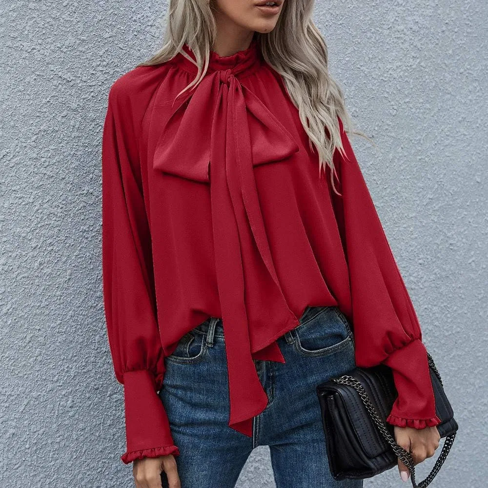 Женская блуза с бантом и рукавами-фонариками Elegant Bow Knot Mock Neck Top Ruffles Sleeve Lantern, Red — фото 4