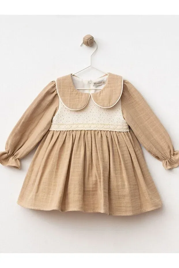 Детское платье для девочек хлопковое Checkered Muslin Girls' Dress Cherrys Bebek, Cappucino — фото 2
