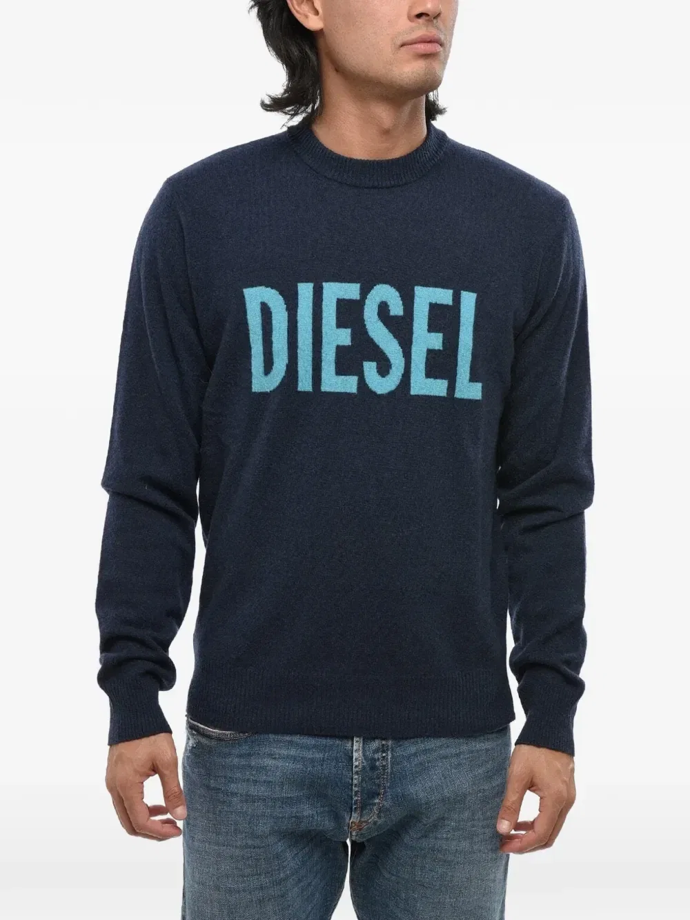 Свитер с круглым вырезом и логотипом жаккардовым плетением Diesel, синий
