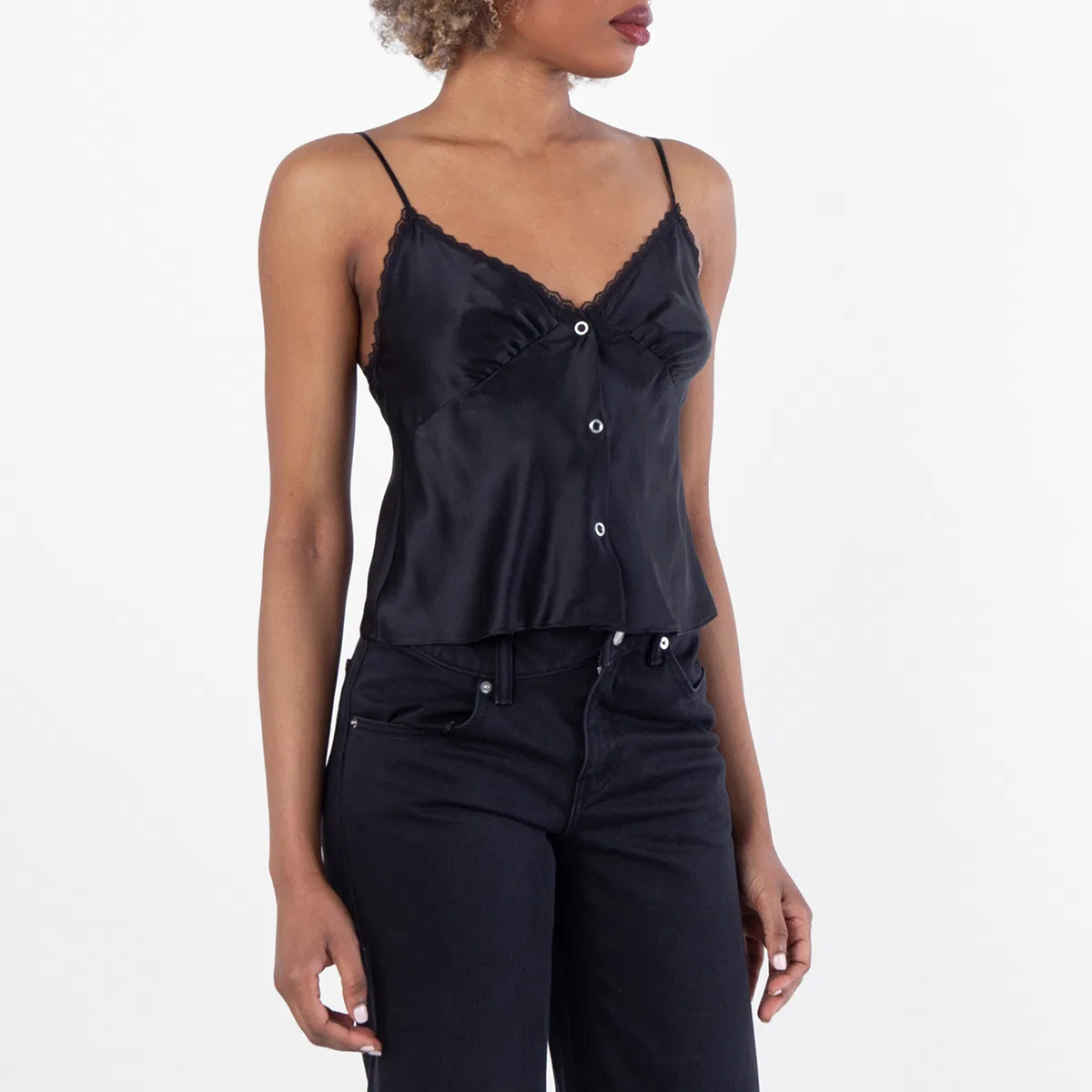 Топ на кнопках с кружевом Snap Front Lace Tank Top Alexander Wang, Black — фото 2