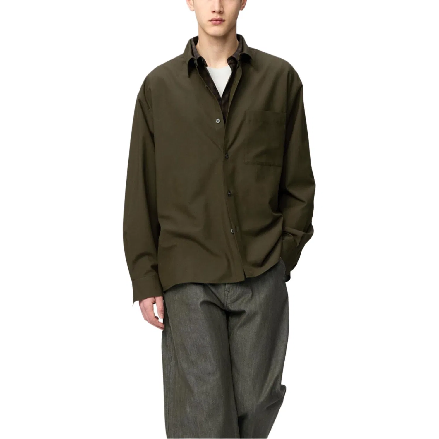 Детская рубашка с отложным воротником UNIQLO, Dark Olive — фото 3