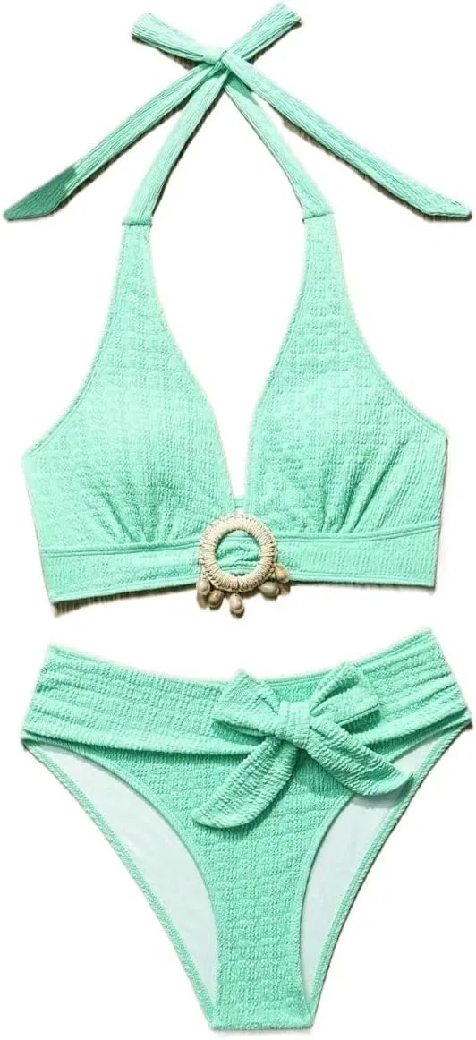 Женский бикини-сет с высокой талией на завязках, Mint Blue