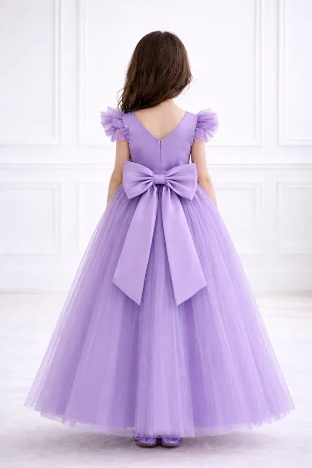 Детское платье для девочек из тюля с принтом Girl'S lilac tulle piece princess evening dress - ruffle sleeves, open back bow detail , special occasion dress Madyabutik, Lilac — фото 3