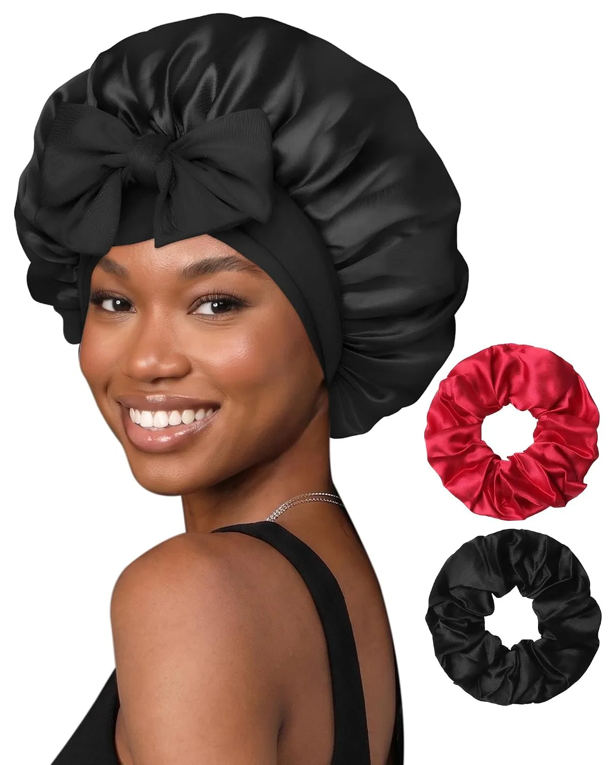 Шапочка для душа Satin Sleep Bonnet, двойной слой, с 2 резинками, CHLINS, черный/красный