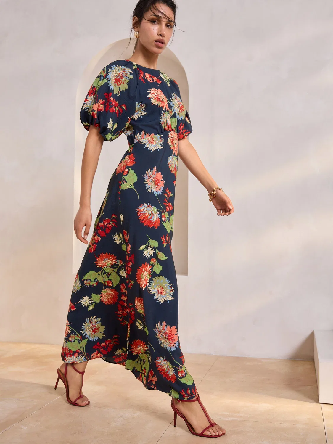 Платье миди с пышным рукавом Next, Navy Blue Floral