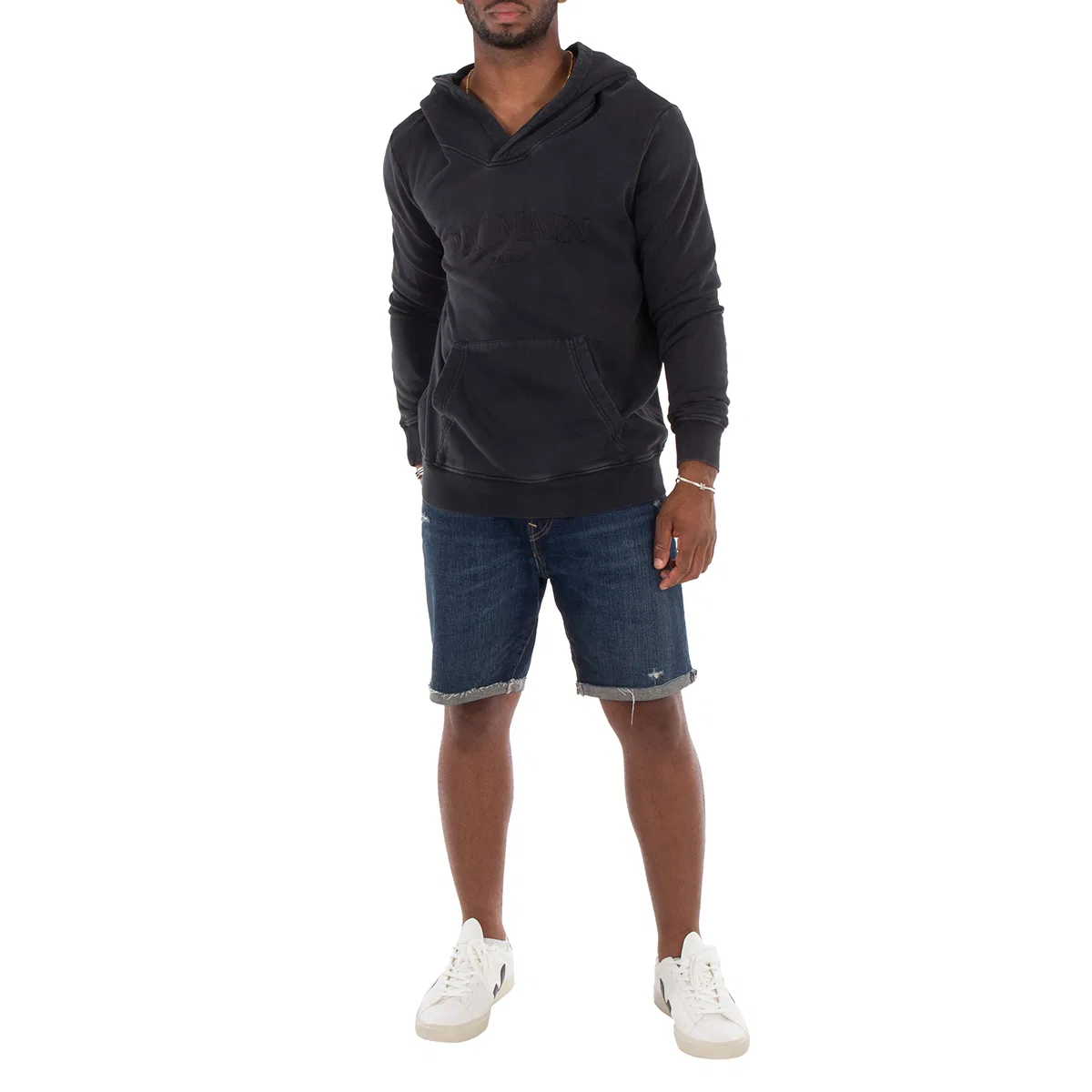 Худи с V-образным вырезом V-Neck Cotton Hoodie Balmain, Gris/Gris — фото 3